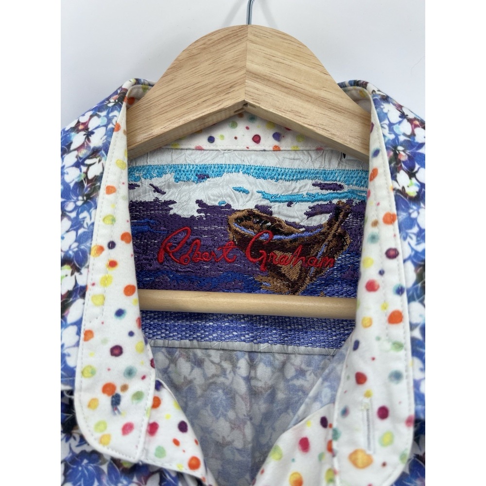 Robert Graham Mens Shirt VW Bus Large Floral Print Blue Car Polka Dot Flip Cuff - Picture 4 of 9